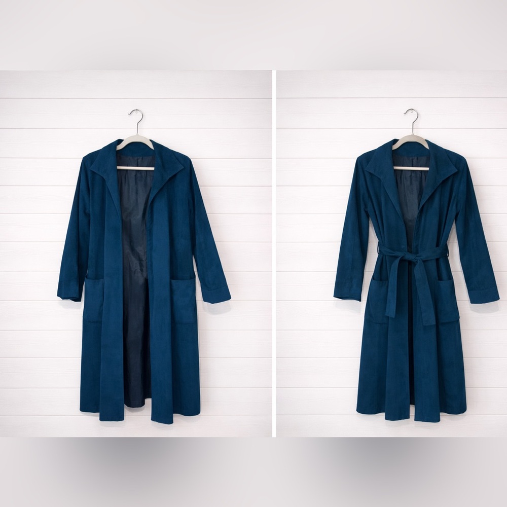 Stylish long suede coat with suede belt. Peacock green-blue color. Size 10-12.